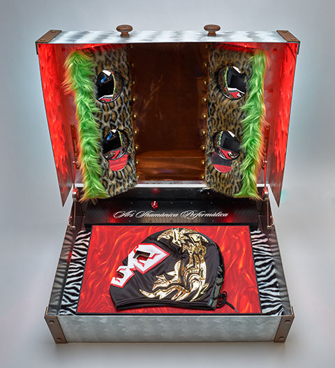 A large brushed aluminum case is displayed open to reveal a colorful vanity mirror in its upper section. The lower section contains a Mexican wrestling mask atop a shiny red box on leopard skin fabric.