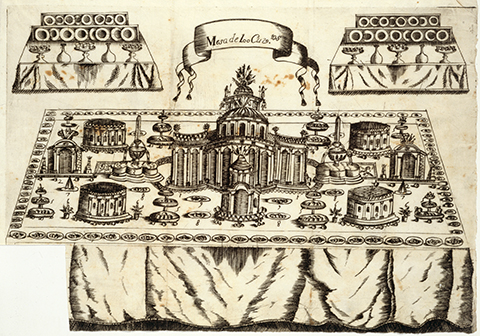 Table plan with 100 settings, decorated like a city with edible buildings and fountains