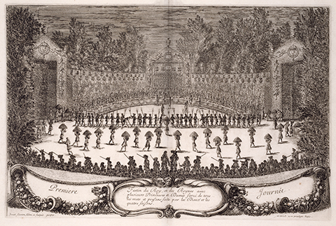 View of open book, showing a large ceremonial banquet performed on a stage