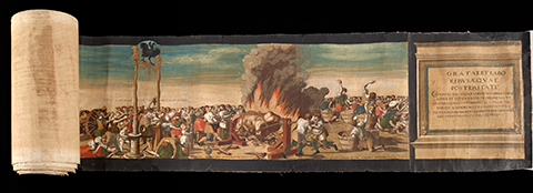 Section of a hand-colored scroll, showing the end of a procession with people drinking wine from a fountain and roasting a stuffed ox over an open fire