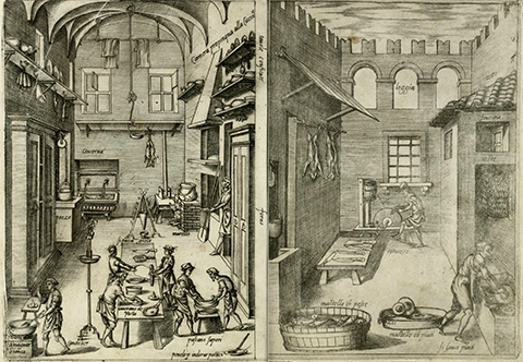 View of open book, showing people preparing food, sharpening knives, and washing dishes