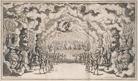 Opulent banquet with satyrs serving the gods under swirling clouds