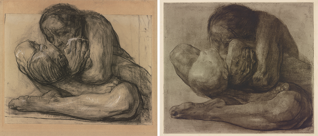 These two works show a woman leaning forward cross-legged to tightly clasp the body of her dead son. The first is a preparatory drawing in black chalk on gray paper, while the second is an etching. In both, the boy's head drops back and the woman expressively presses her face against his chest.