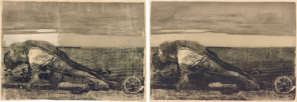 Prints featuring line etching, drypoint, and aquatint show two men in profile harnessed to a plough and lunging forward. Above them are horizontal bands of light and dark sky.