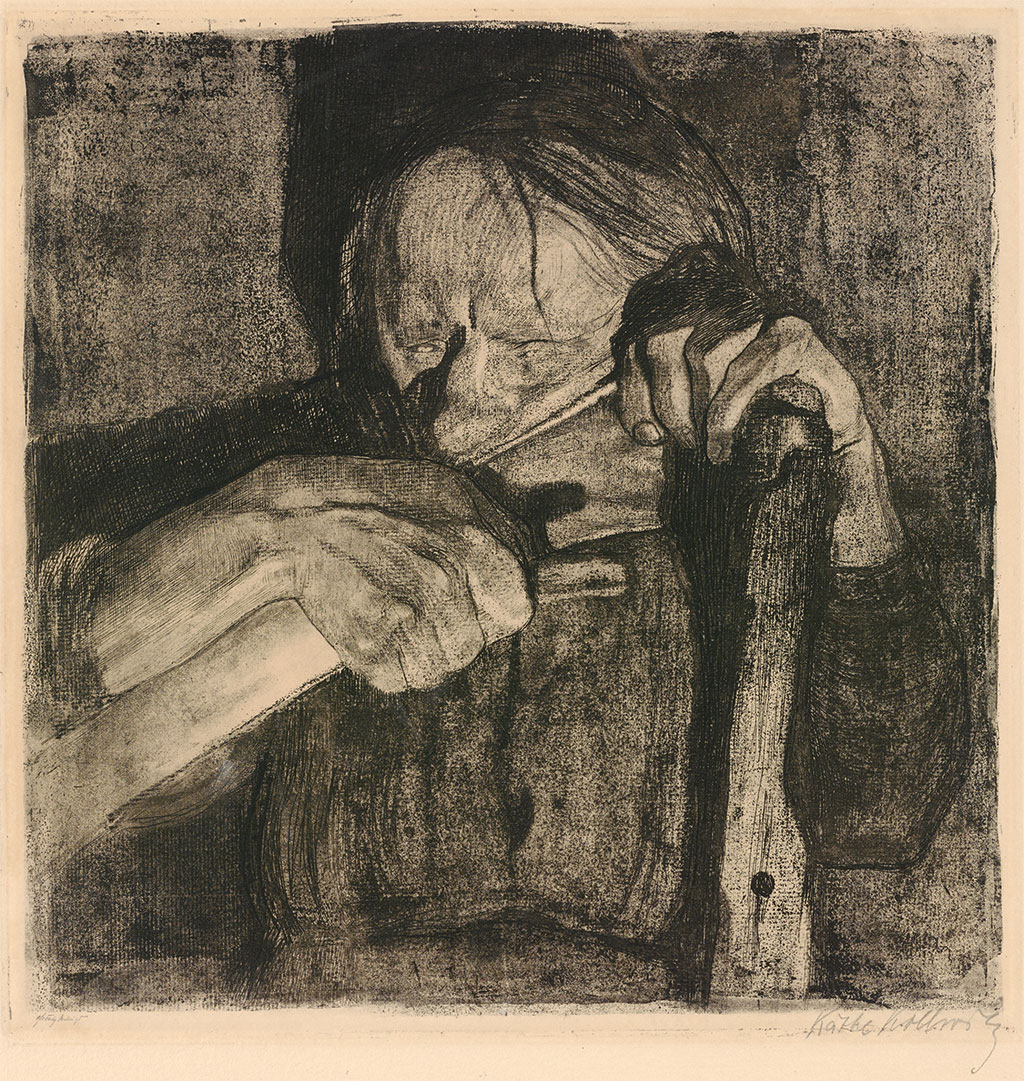 A print on a square sheet of copperplate paper shows the face and hands of a woman sharpening a scythe on a whetting stone while gazing into the distance.