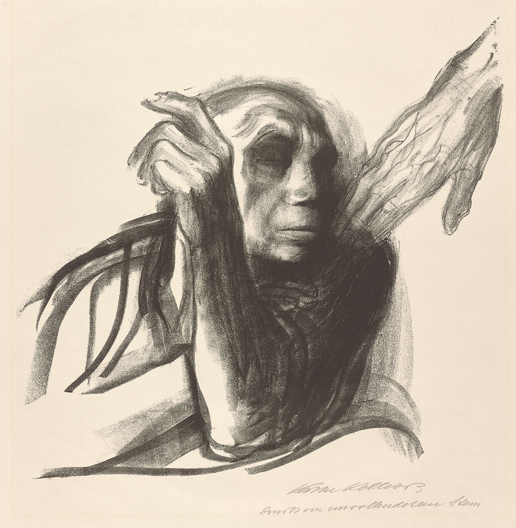 A lithograph depicts the torso of an older woman seated with her head turned. A hand reaches out to her from the right corner.
