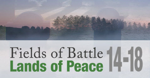 Photo of trees in the distance with text 'Fields of Battle Lands of Peace 14-18'