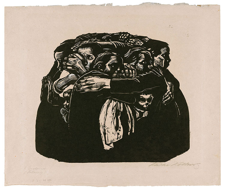 black and white woodcut print of a huddled group of mothers by Kollwitz