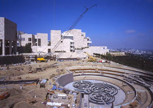 Crane towering above the Getty Center as the Central Garden is constructed