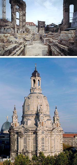 The Frauenkirche in Dresden before and after rebuilding