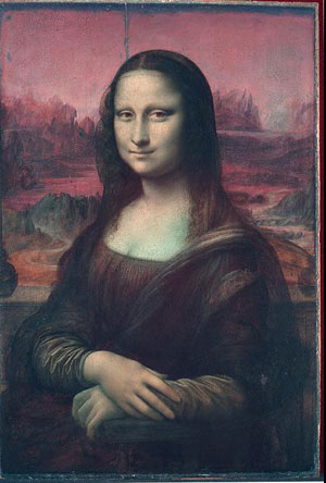 A falsecolor infrared photograph of the Mona Lisa taken during scientific 
