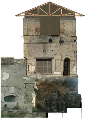 View of a two-story structure at Herculaneum showing preserved wood beams at top and volcanic destruction below