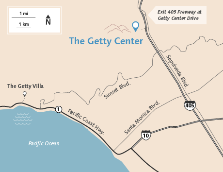 The Getty Center is located just to the west of the 405 freeway. The driving distance between the Getty Center and the Getty Villa is approximately 13.5 miles (27.2 km). Map showing location of the Getty Center off the 405 freeway