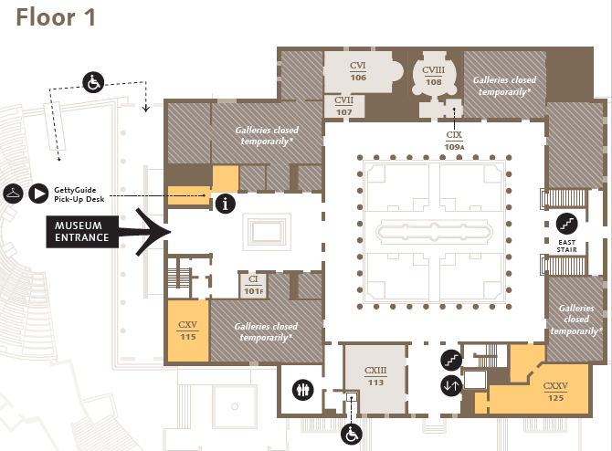 The image shows that galleries 101F, 110, 111, 113, and 114
on the first floor of the Getty Villa are currently closed. On the second floor, galleries 206–212 and 214–217 are also temporarily closed.
