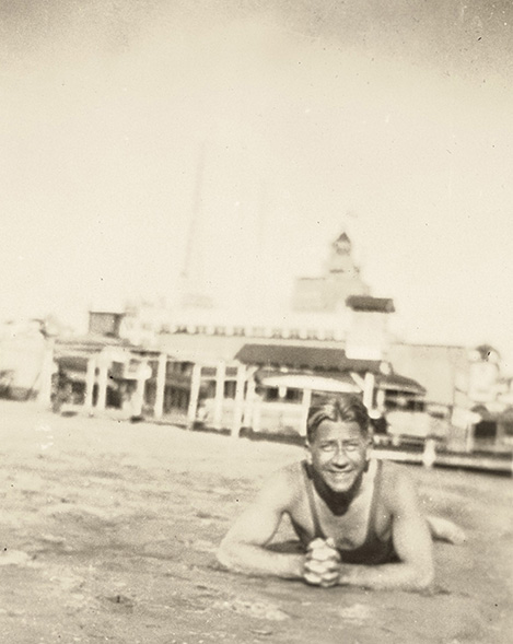 J. Paul Getty at the beach in Santa Monica, about 1916-19.