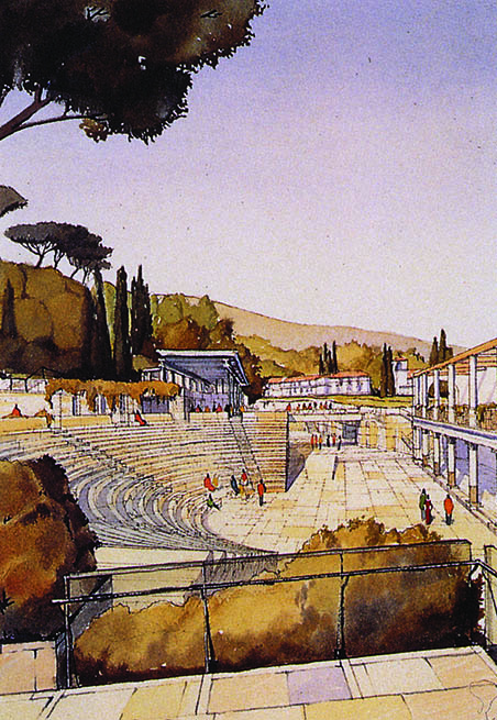 Watercolor rendering of Machado and Silvetti Associates’ plan for the Outdoor Theater at the Getty Villa.