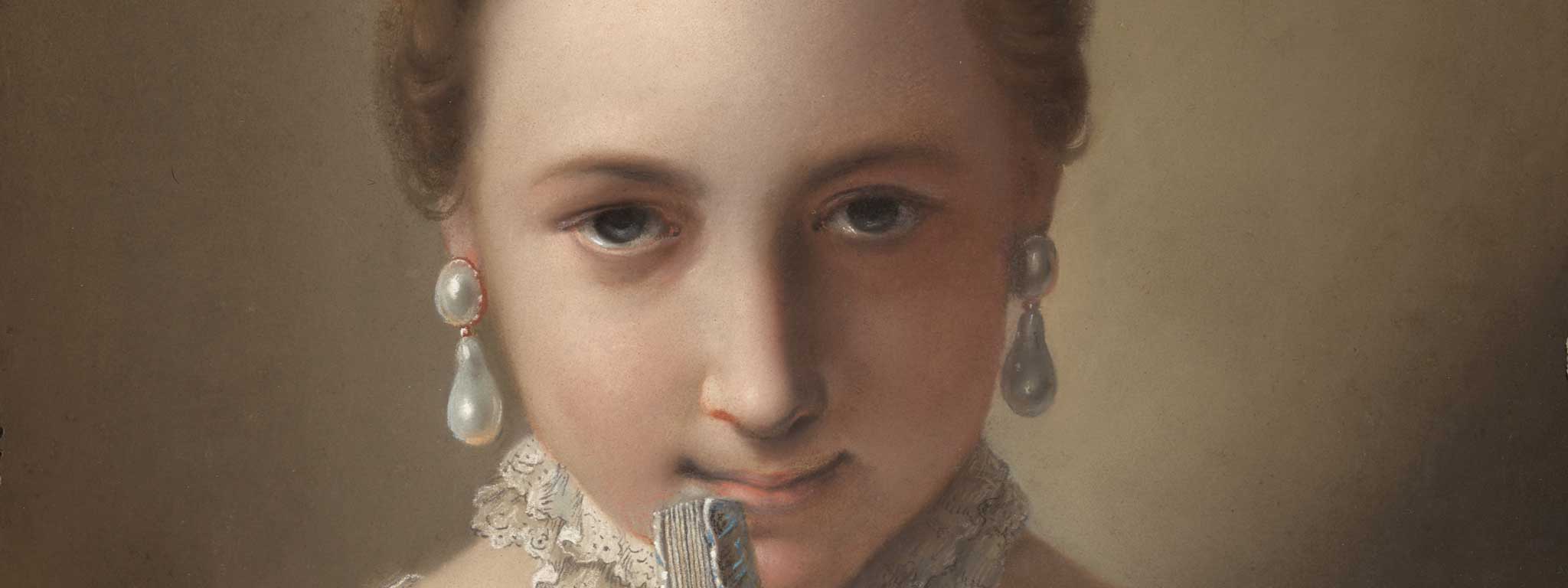 Young Woman with a Fan (detail), early 1750s, Pietro Antonio Rotari. Pastel on blue-green paper, mounted on canvas. Getty Museum