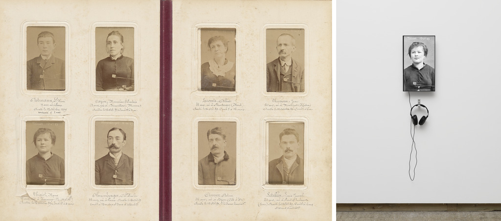 Pickpockets at the Universal Exposition of 1889, 1889, Various makers. Album with albumen silver prints. Getty Research Institute; Marie Thiriot, 2021, from the series Pickpockets, Fiona Tan. HD video installation, stereo, flat-screen monitor. Courtesy of the artist and Frith Street Gallery, London. © Fiona Tan. Photograph by Ben Westoby