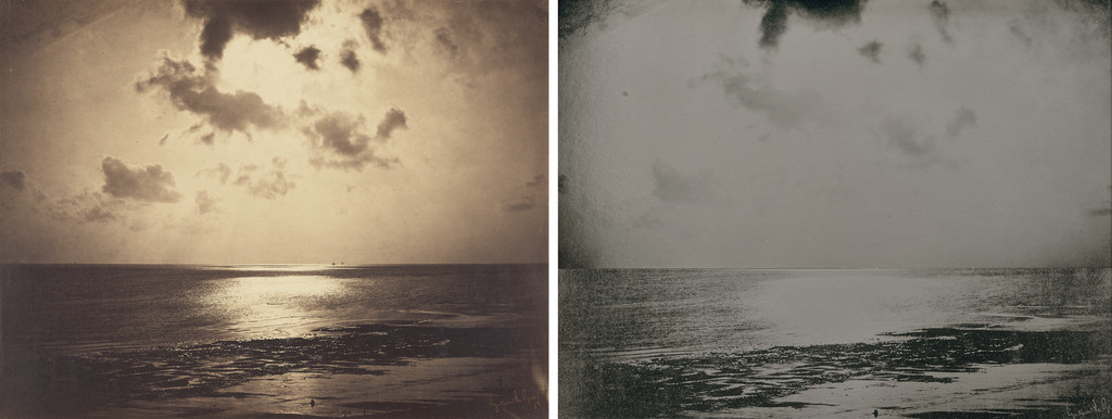An Effect of Sunlight—Ocean No. 23, 1857-58, Gustave Le Gray. Albumen silver print from glass negatives. Getty Museum; An Effect of Sunlight—Ocean No. 23 (1857/2019), 2019, Lisa Oppenheim. Gelatin silver print. Getty Museum. © Lisa Oppenheim