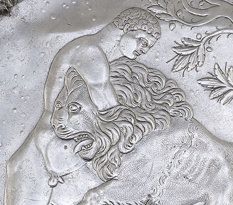 Plate with Hercules Wrestling the Nemean Lion (detail), Roman, A.D. 500-600; silver