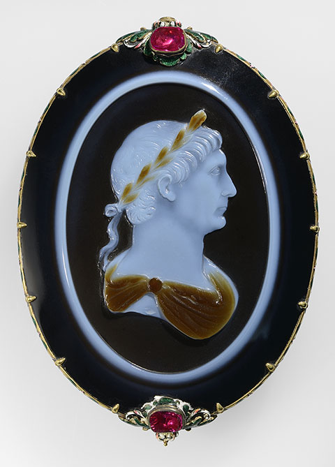 Cameo of Emperor Trajan, Roman, about A.D. 100; sardonyx set in a seventeeth-century gold, enamel, and ruby mount