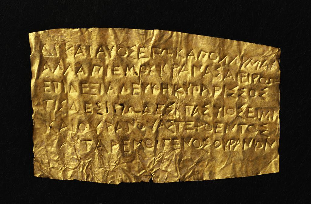 Tablet with Instructions for the Deceased in the Underworld, Greek, 350–300 BC, gold. The J. Paul Getty Museum. Gift of Lenore Barozzi