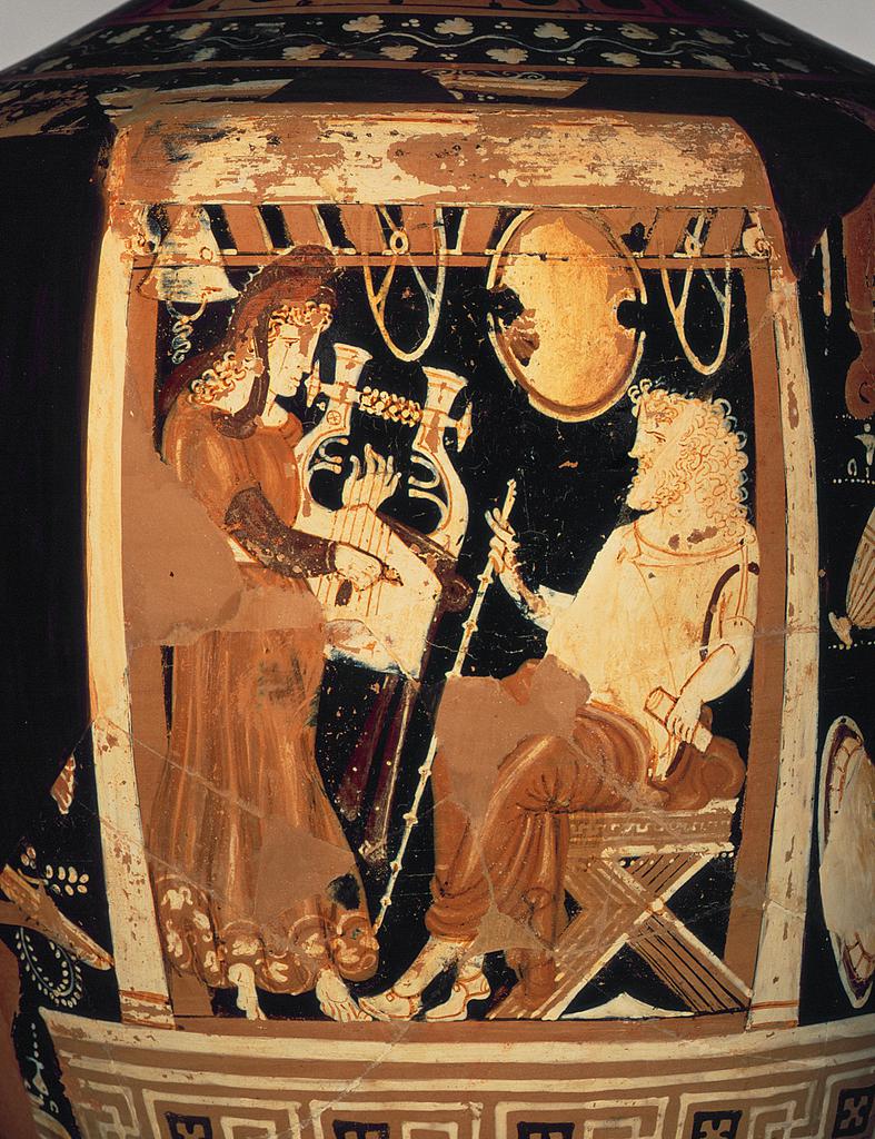Funerary Vessel with Orpheus Playing His Lyre before the Deceased (detail), South Italian, made in Apulia, 340–320 BC, terracotta. Red-figure amphora attributed to the Ganymede Painter. Ludwig Collection – Loan of Peter and Irene Ludwig Foundation, Lu S 40. Image © Antikenmuseum Basel und Sammlung Ludwig