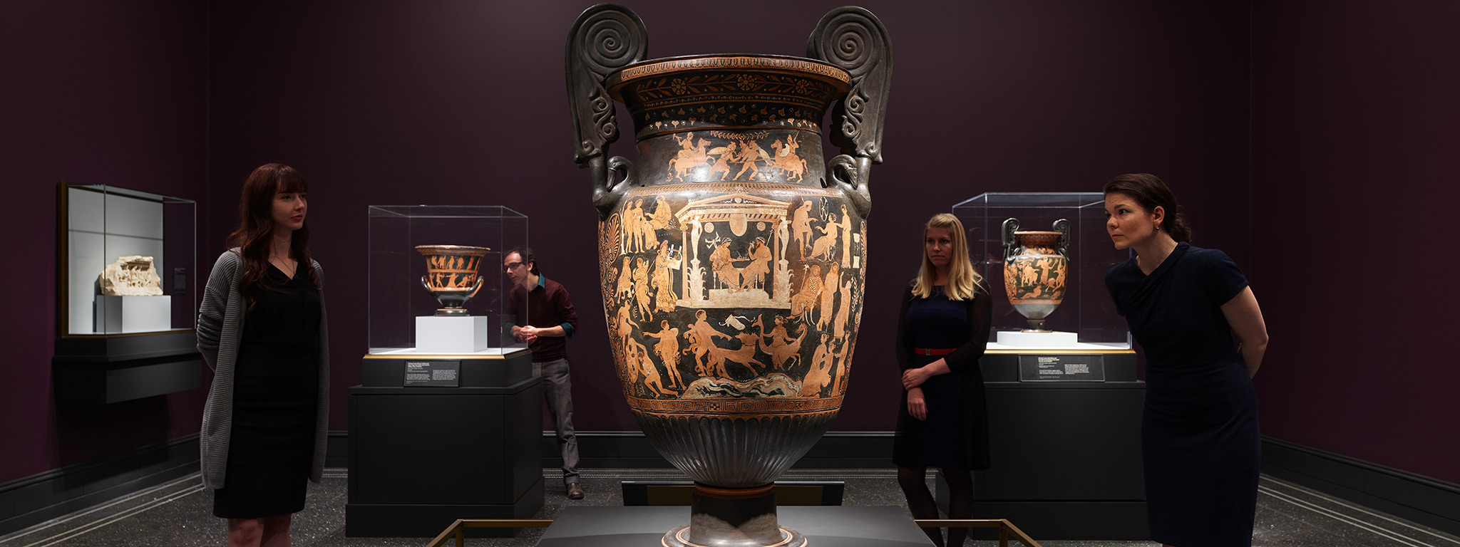 Installation view of the Underworld Krater from Altamura, South Italian, made in Apulia, 360–340 BC; terracotta. Attributed to the Circle of the Lycurgus Painter. National Archaeological Museum of Naples