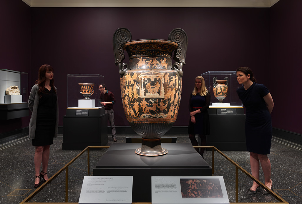 Installation view of the Underworld Krater from Altamura, South Italian, made in Apulia, 360–340 BC; terracotta. Attributed to the Circle of the Lycurgus Painter. National Archaeological Museum of Naples