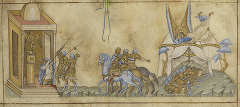 <em>The Angel Slaying the Assyrians and the Death of Sennacherib</em>, leaf from a book of Old Testament prophets, Sicily, about 1300, tempera colors and gold on parchment. The J. Paul Getty Museum