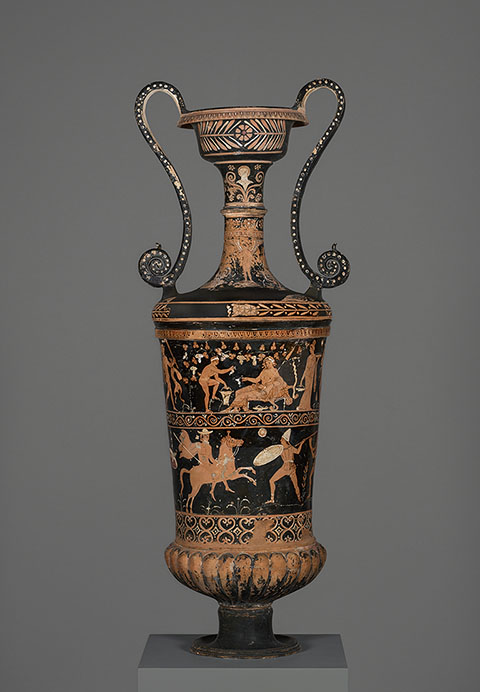 Funerary Vessel, South Italian, from Apulia, 350-325 B.C., terracotta red-figured loutrophoros attributed to the Darius Painter