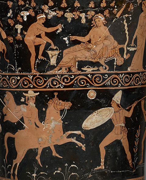 Funerary Vessel (detail), South Italian, from Apulia, 350-325 B.C., terracotta red-figured loutrophoros attributed to the Darius Painter