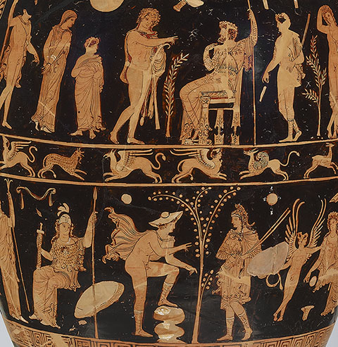 Funerary Vessel (detail), South Italian, from Apulia, 350-325 B.C., terracotta red-figured amphora attributed to the Darius Painter (the Hecuba Sub-Group). Image © Staatliche Museen zu Berlin, Antikensammlung. Photo: Johannes Laurentius