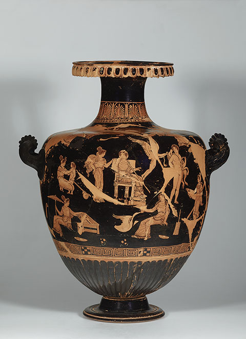 Funerary Vessel, South Italian, from Apulia, about 350 B.C., terracotta red-figured hydria attributed to the Chamay Painter. Image © Staatliche Museen zu Berlin, Antikensammlung. Photo: Johannes Laurentius