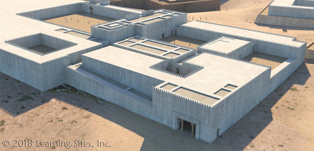 A 3D digital reconstruction of Ashurbanipal's so-called North Palace at Nineveh, looking southeast, over the residential section and the rear entrance toward the throne room suite, extracted from Learning Sites full reconstruction model of the entire Kuyunjik citadel. © 2018 Learning Sites, Inc.