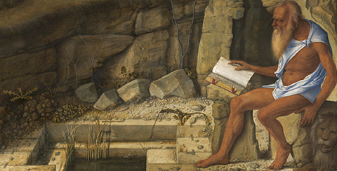 Saint Jerome Reading in the Wilderness (detail), 1505, Giovanni Bellini, oil on wood panel. National Gallery of Art, Washington, Samuel H. Kress Collection, 1939.1.217. Image courtesy National Gallery of Art, Washington