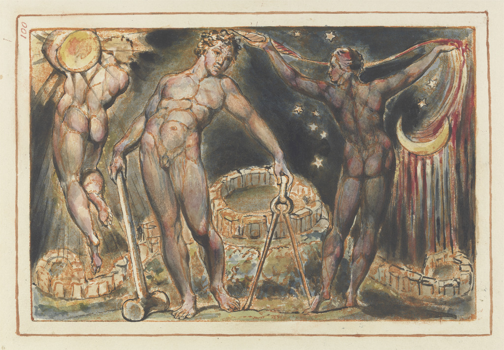 Plate 100 from Jerusalem The Emanation of the Giant Albion, Copy E, printed about 1821, William Blake. Relief etching printed in orange with pen and black ink, watercolor, and gold. Yale Center for British Art, New Haven. Paul Mellon Collection