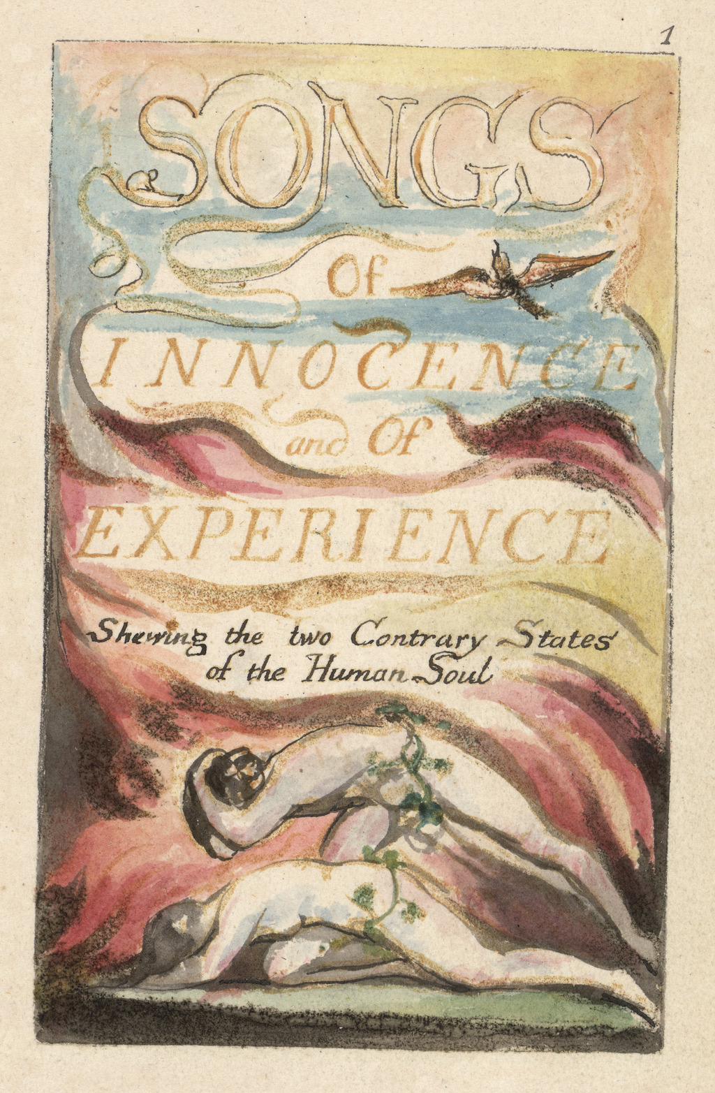 Title Page from Songs of Innocence and Songs of Experience, Plate 1 of Copy E, printed by 1806, William Blake. Relief etching with watercolor. The Huntington Library, Art Museum, and Botanical Gardens, San Marino