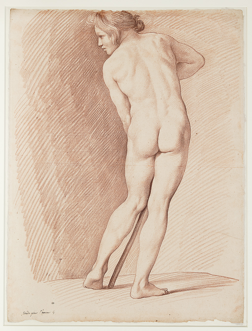 <em>Model Posing for Cupid Carving a Bow from Hercules's Club</em>, about 1745, Edme Bouchardon, Red chalk. Musée du Louvre, Département des Arts graphiques, Paris. Image © 2015 Musée du Louvre / Laurent Chastel