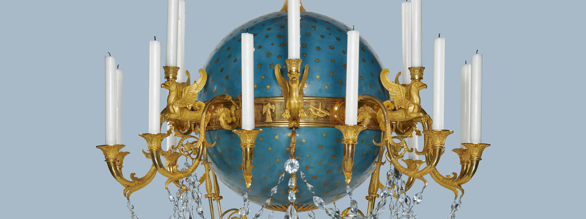Chandelier (detail), about 1818–19, Gérard Jean Galle; gilt bronze, glass, painted copper, gilt tin, and iron armature. The J. Paul Getty Museum