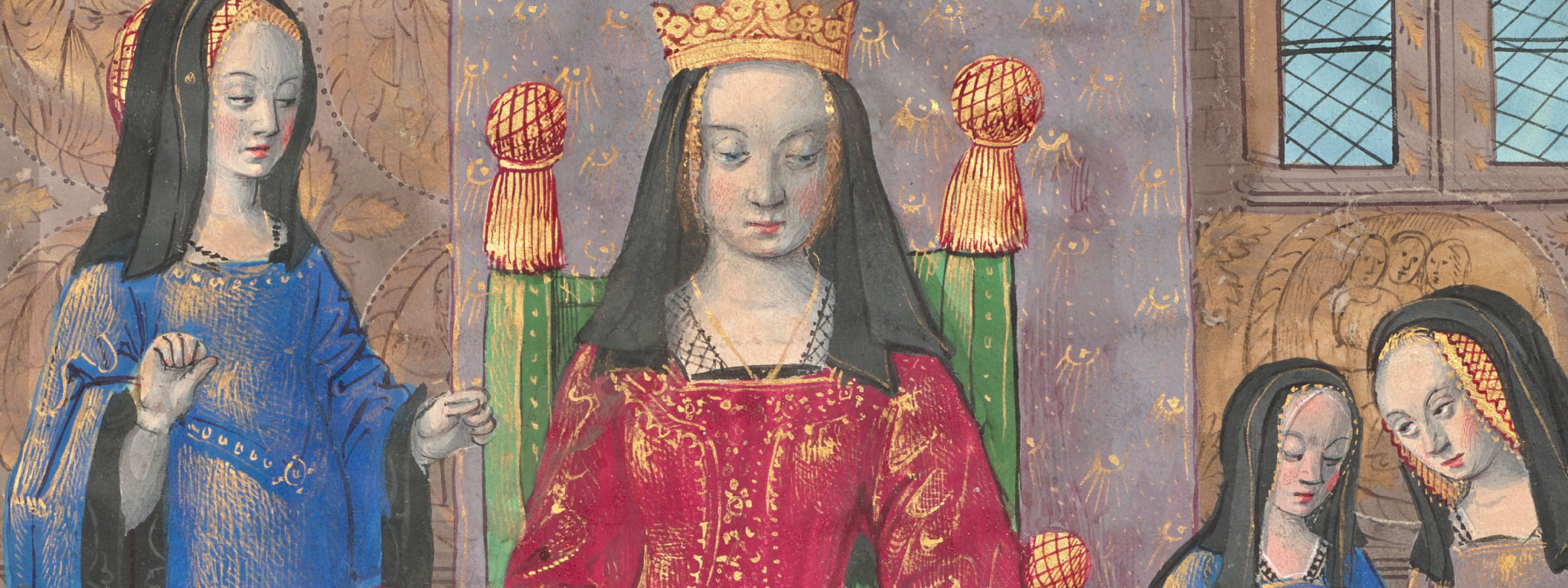 TKAnne of Brittany Enthroned, from Ovid, Excerpts from the Heroides, with Octavien de Saint-Gelais, Letters, about 1493, Master of the Chronique scandaleuse. Tempera colors, gold, and ink on parchment. Getty Museum, Ms. 121 (2021.7), fol. 55