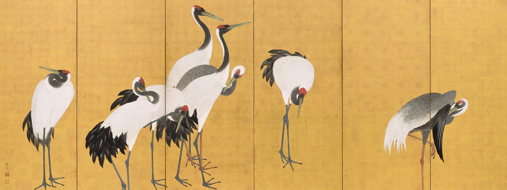 Cranes, 1772, Maruyama Ōkyo. Six-panel screen (one of a pair); ink, colors, and gold leaf on paper. Los Angeles County Museum of Art. Gift of Camilla Chandler Frost in honor of Robert T. Singer. Image: www.lacma.org