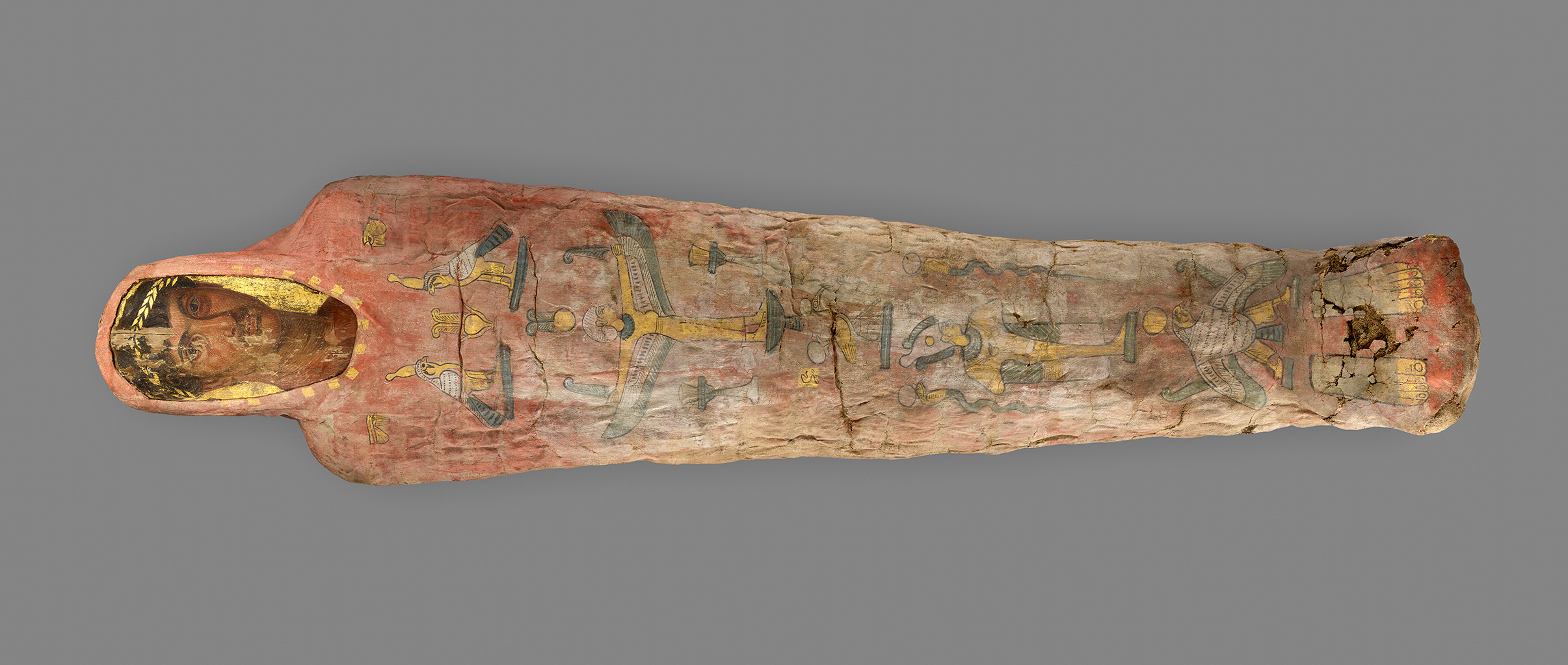 Mummy of Herakleides, Romano-Egyptian, AD 120–140, tempera and gilding on wood; pigment and gilding on linen. The J. Paul Getty Museum