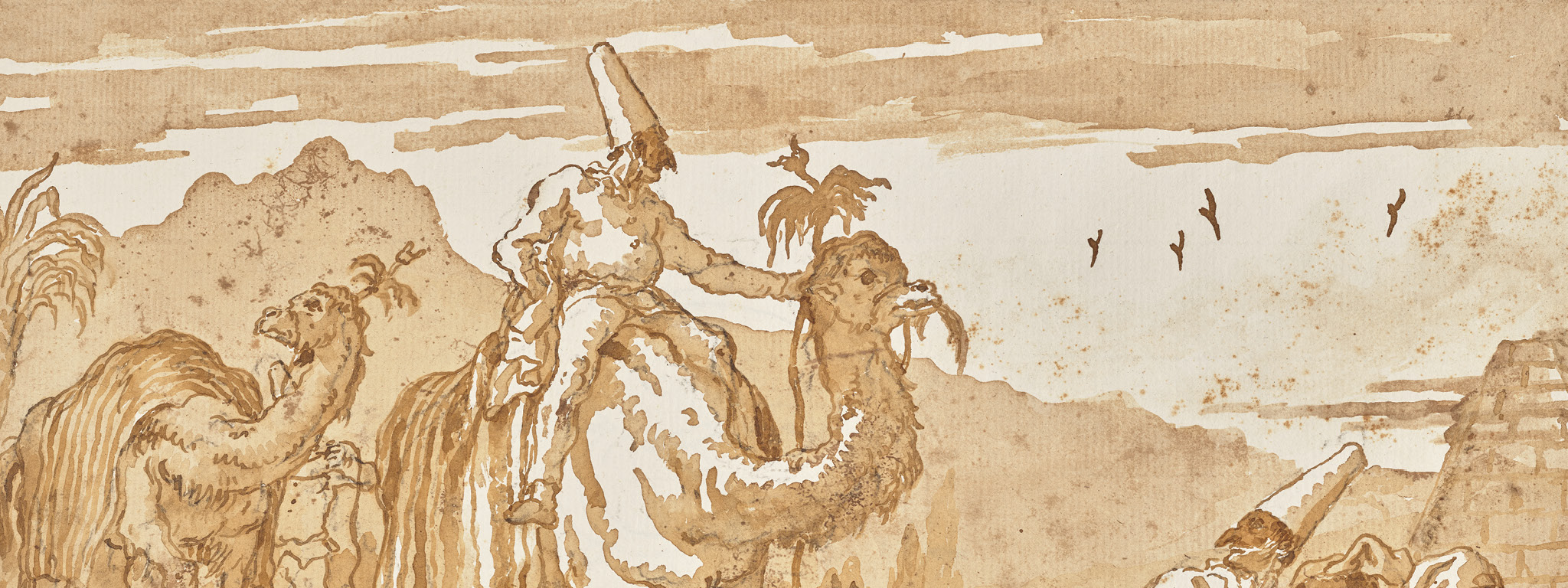 The Punchinello Riding a Camel at the Head of a Caravan (detail), late 1790s, Giovanni Domenico Tiepolo; brush and brown ink over black chalk. The J. Paul Getty Museum 