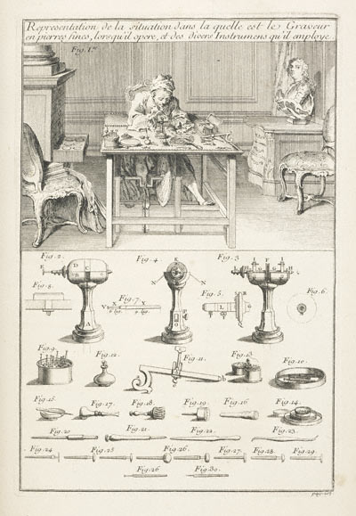 Engraving of an 18th-century gem carver at work