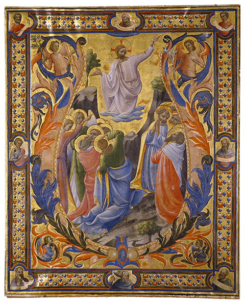 Initial V: The Ascension, cutting from a gradual, designed about 1410; completed about 1431. Designed by Lorenzo Monaco and completed by Zanobi di Benedetto Strozzi and Battista di Biagio Sanguini, tempera and gold on parchment. The J. Paul Getty Museum