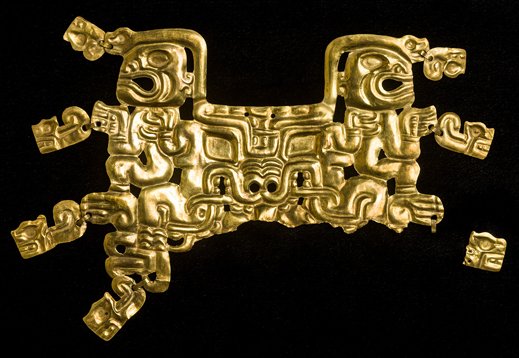 Mouth Mask with Feline Creature and Human Figures, 800–550 BC, Cupisnique/Chavín culture; gold. Museo Kuntur Wasi, San Pablo, Peru, MKW-81223. Ministerio de Cultura del Perú. Image © Kuntur Wasi Museum