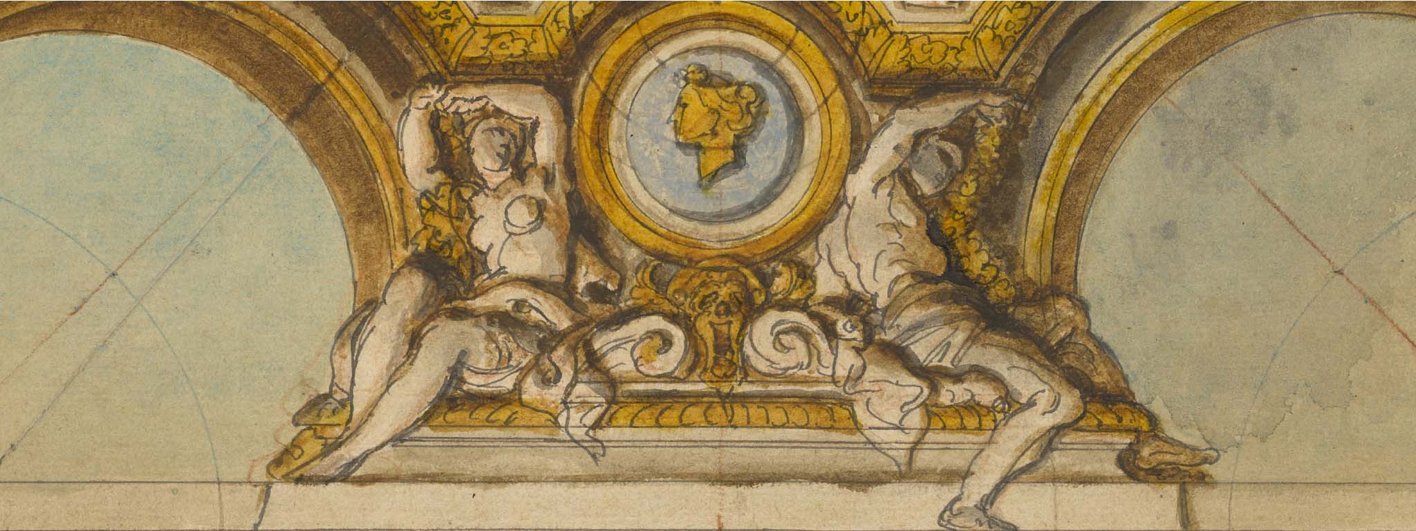 Studies for a Ceiling Decoration with the Apotheosis of Psyche  (detail), about 1680, Charles de la Fosse, Pen and black ink and brush and watercolor over red chalk on paper. Getty Museum