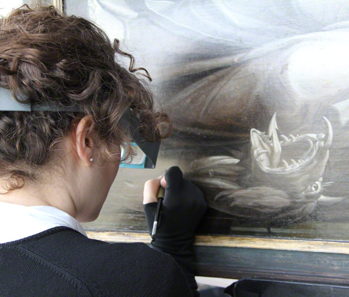 Getty paintings conservator Laura Rivers working on Ecce Homo / Heemskerck