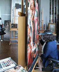 Getty conservator Yvonne Szafran at work on Ecce Homo / Heemskerck